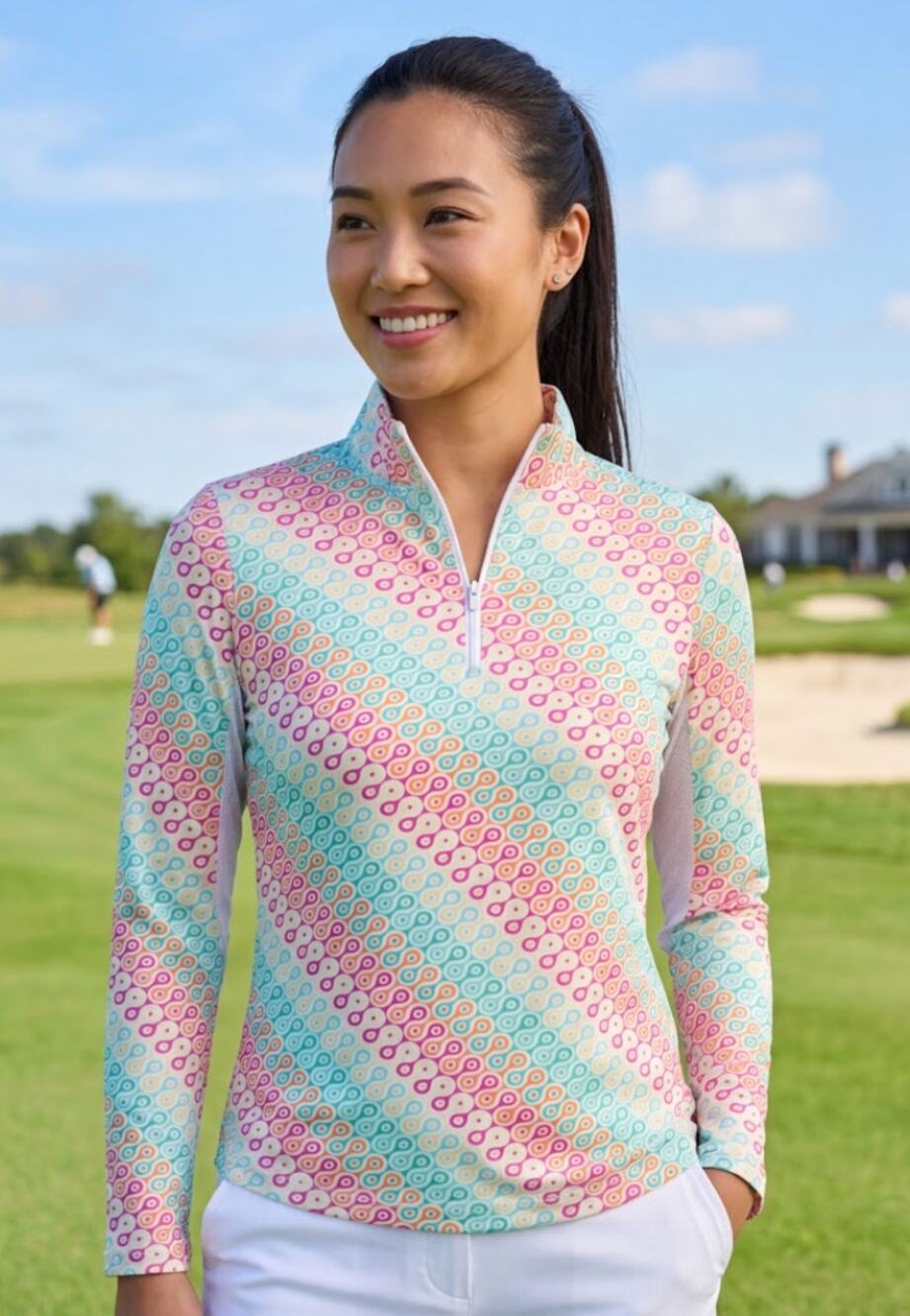 IBKÜL Icefil UPF 50+ Sun Shirt 1/4 Zip Geometric Swirl Print Pink Orange Medium